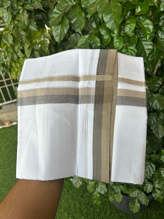20% Discount ! KaithariKada Balaramapuram 100% Cotton Pure white Double Mundu/Dhoti - 100x80 - 1.25 inch Peanut Brown & Black Shaded Kara with Silver Kasav 4 M (8.5 muzham) - 75 KK5363 VIN