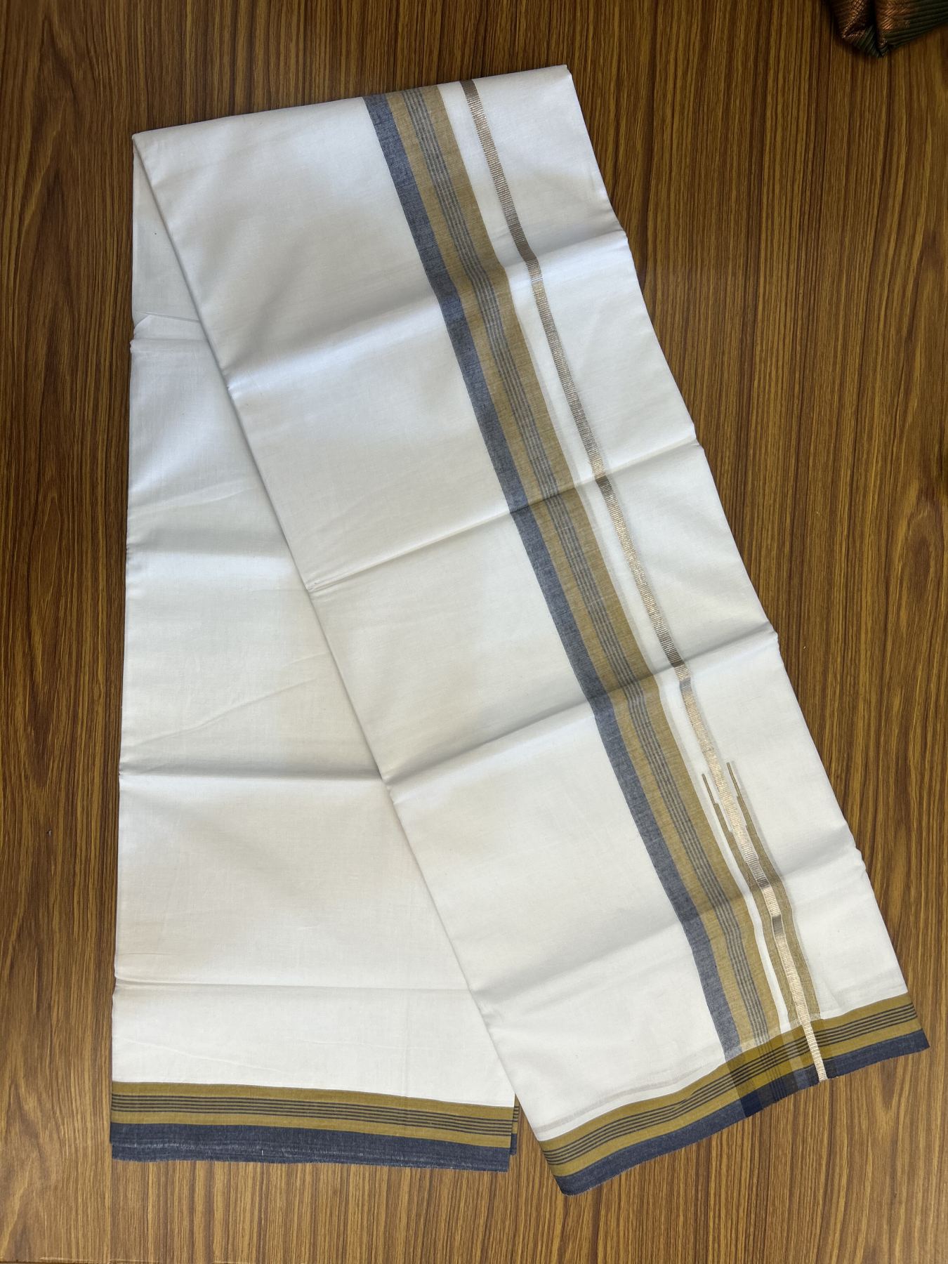 20% Discount! KaithariKada Balaramapuram 100% Cotton Double Pure white Mundu/Dhoti- 100X80 - 1.5 inch Puliyilakkara Silver Kasav Mustard Yellow & Blue Chutty Kara - 4 mtr ( 8.5 muzham) - 26 KK5341 VIN
