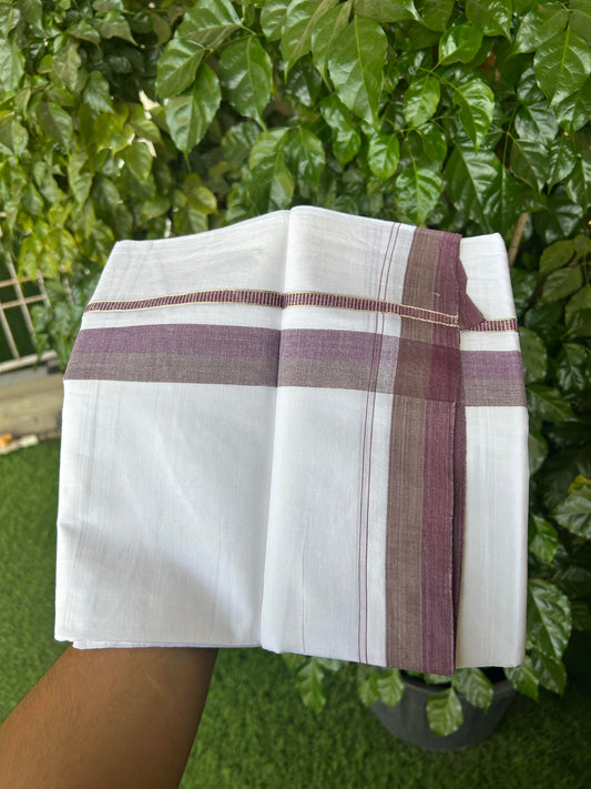 20% Discount ! KaithariKada Balaramapuram 100% Cotton Pure white Double Mundu/Dhoti - 100x80 - 1.25 inch Magenta & Brown Shaded Kara with Silver Kasav 4 M (8.5 muzham) - 80 KK5363 VIN