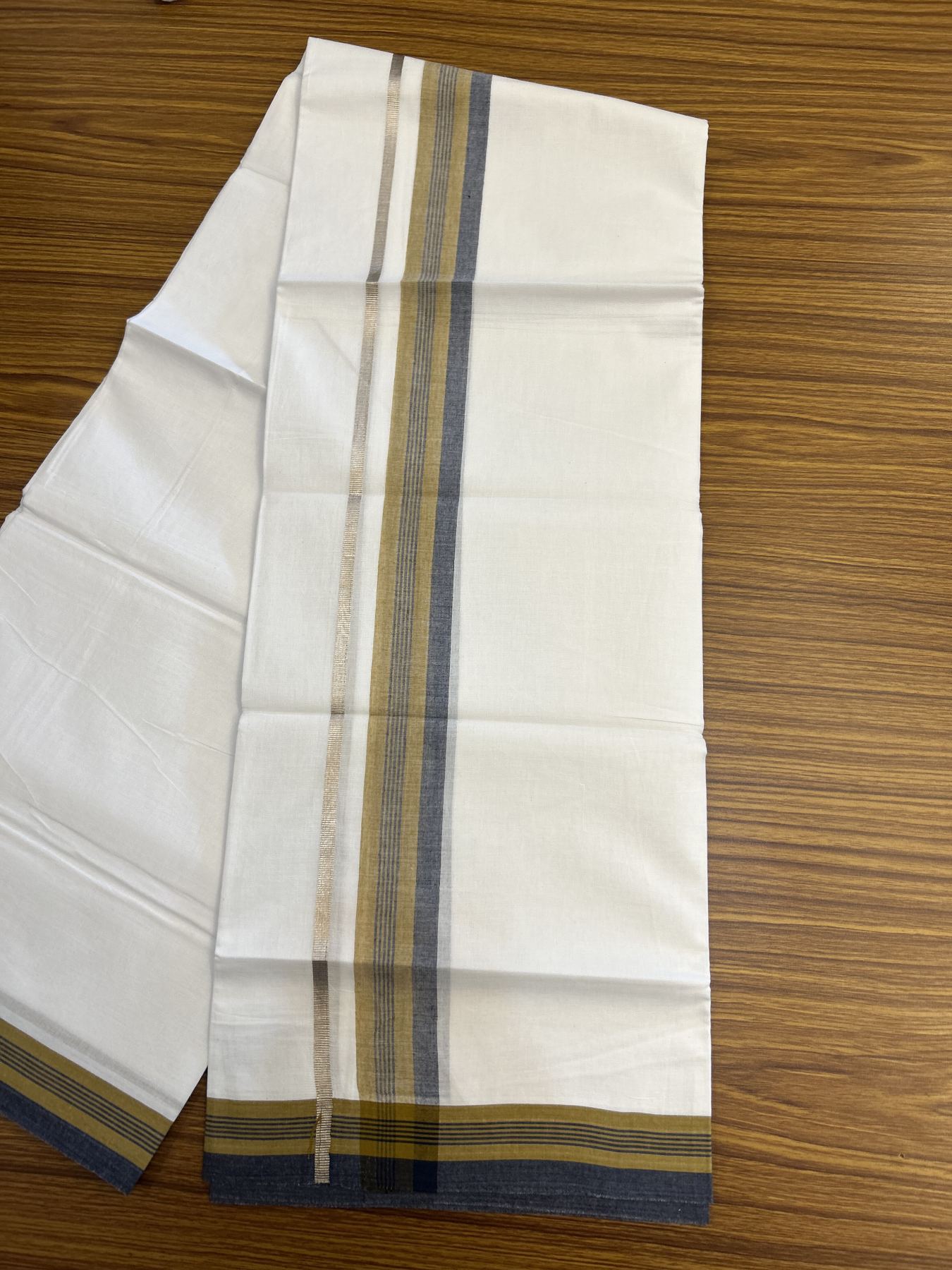 20% Discount! KaithariKada Balaramapuram 100% Cotton Double Pure white Mundu/Dhoti- 100X80 - 1.5 inch Puliyilakkara Silver Kasav Mustard Yellow & Blue Chutty Kara - 4 mtr ( 8.5 muzham) - 26 KK5341 VIN