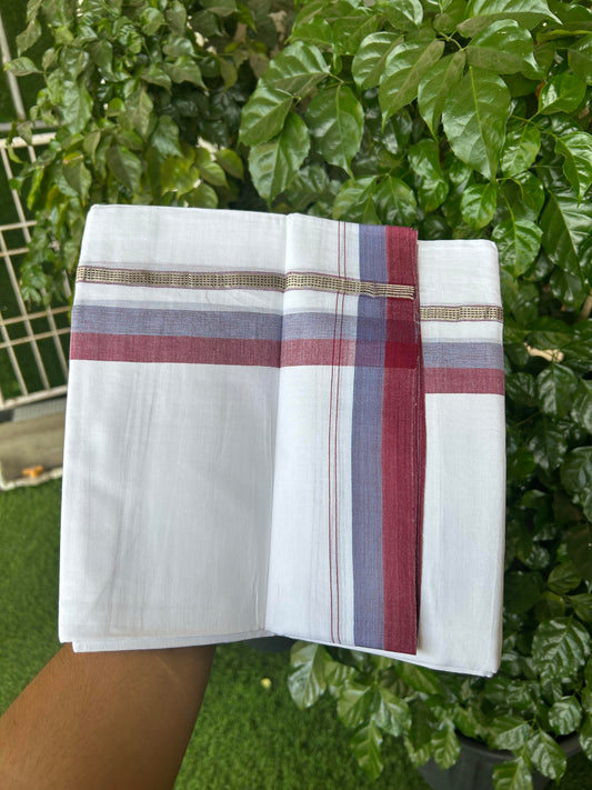 20% Discount ! KaithariKada Balaramapuram 100% Cotton Pure white Double Mundu/Dhoti - 100x80 - 1.25 inch Blue & Light Maroon Shaded Kara with Silver Kasav 4 M (8.5 muzham) - 79 KK5363 VIN