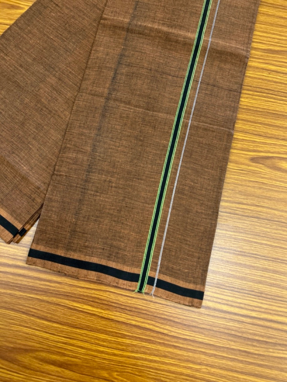10% Discount !! KaithariKada 100% Pure Cotton - HANDLOOM Single Mundu/Dhoti Dark Brown Shaded Colour Body & Green 0.5 inch Kara- (2 meter / 4 muzham)- 10 KK8032 ELA