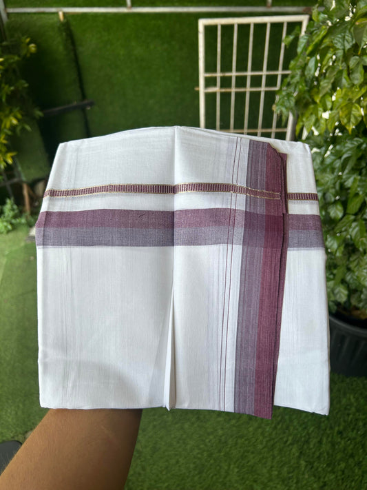 20% Discount ! KaithariKada Balaramapuram 100% Cotton Pure white Double Mundu/Dhoti - 100x80 - 1.25 inch Purple Ash & Dark Plum Shaded Kara with Silver Kasav 4 M (8.5 muzham) - 73 KK5363 VIN