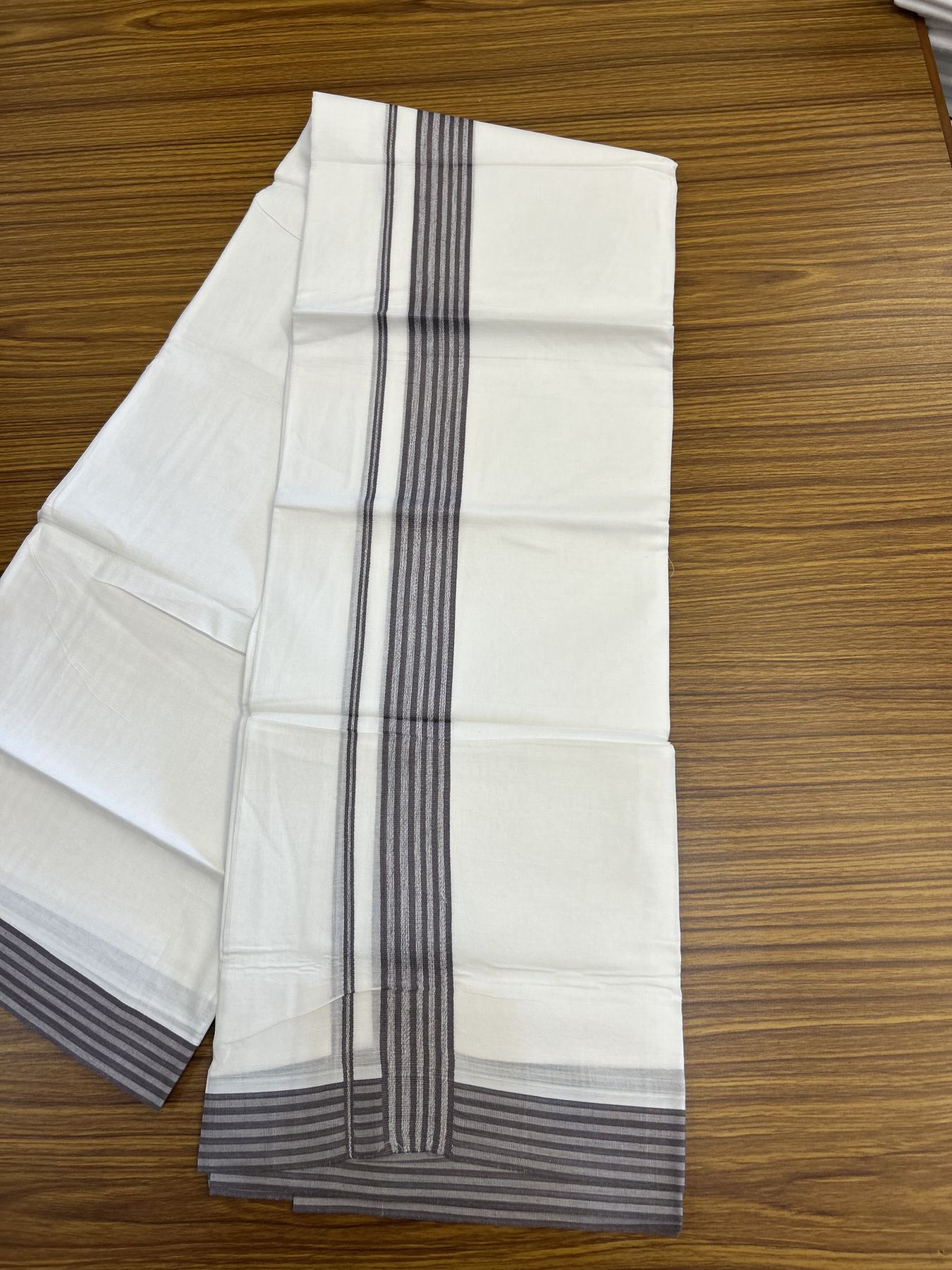 20% Discount! KaithariKada Balaramapuram 100% Cotton Double Pure white Mundu/Dhoti - 100X80 - 1.5 inch Stone brown shaded Striped kara - 4 mtr ( 8.5 muzham) - 40 KK5341 VIN