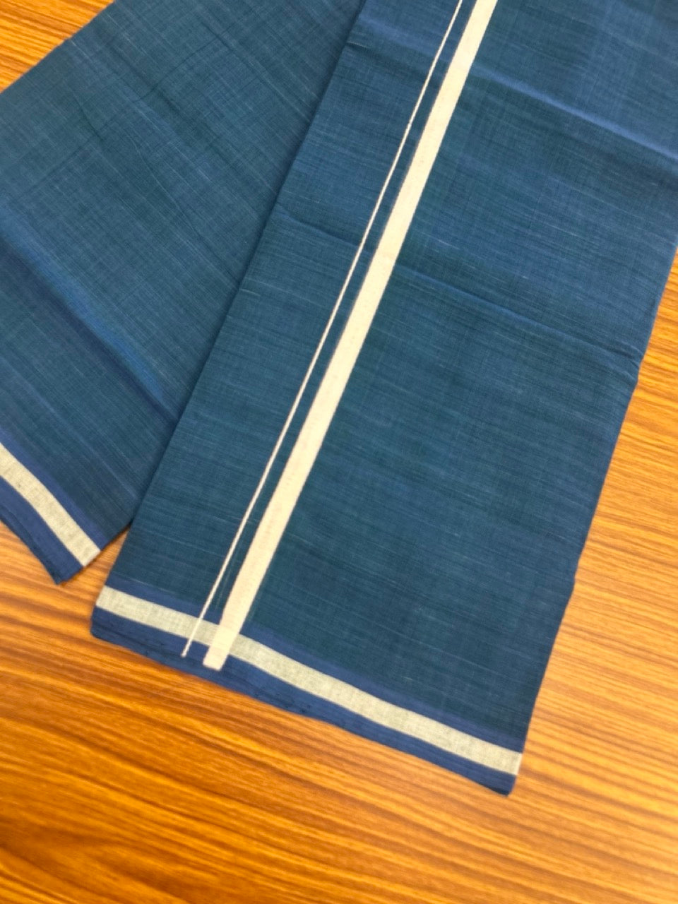 10% Discount !! KaithariKada 100% Pure Cotton - HANDLOOM Single Mundu/Dhoti Peacock Blue Green Colour Body & White 0.5 inch Kara- (2 meter / 4 muzham)- 11 KK8032 ELA
