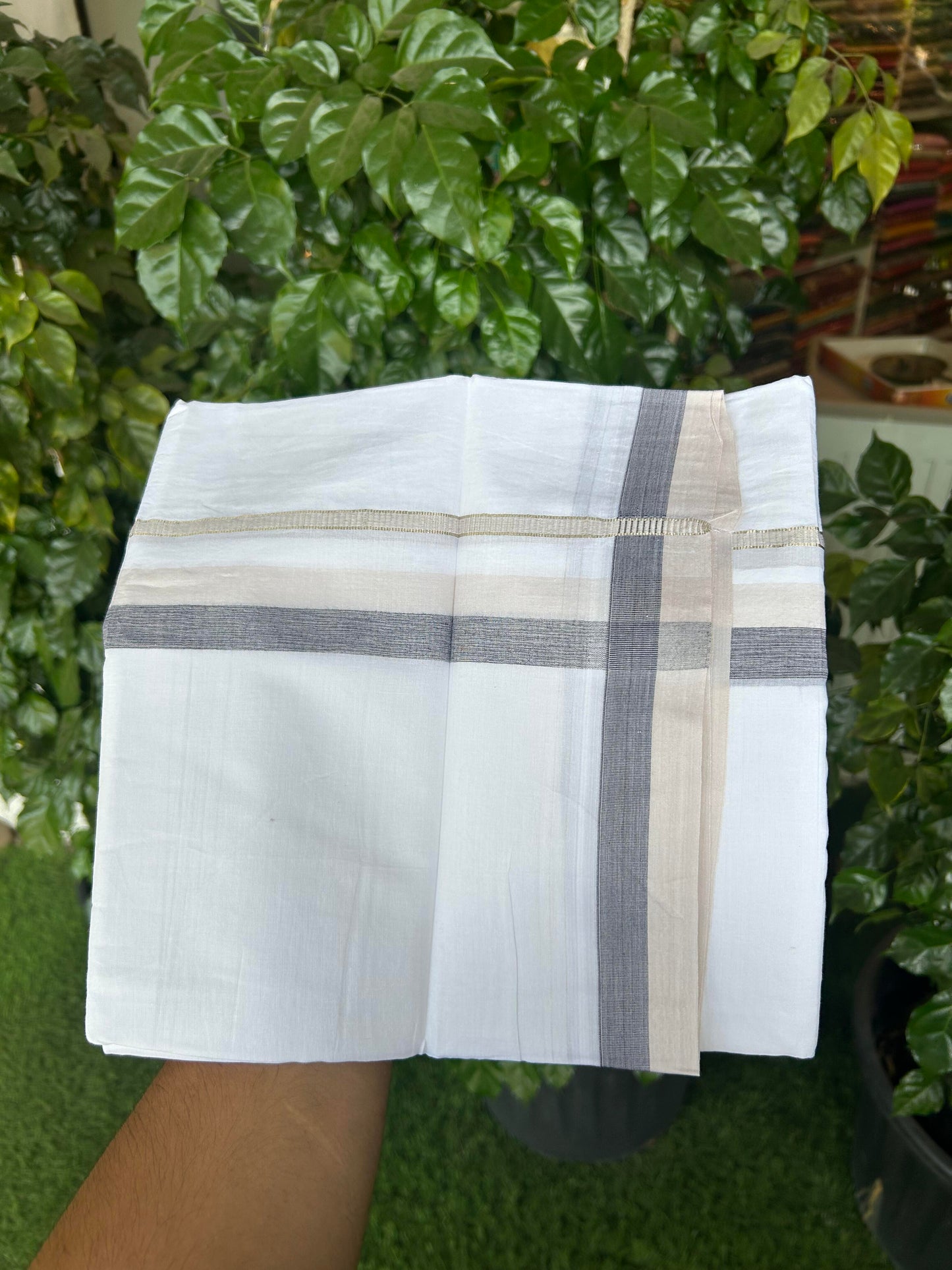 20% Discount ! KaithariKada Balaramapuram 100% Cotton Pure white Double Mundu/Dhoti - 100x80 - 1.25 inch Cream & Ash Black Shaded Kara with Silver Kasav 4 M (8.5 muzham) - 71 KK5363 VIN