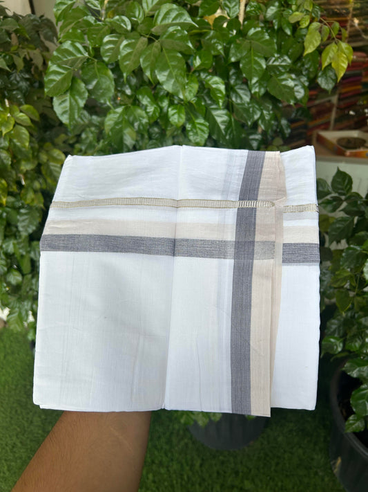 20% Discount ! KaithariKada Balaramapuram 100% Cotton Pure white Double Mundu/Dhoti - 100x80 - 1.25 inch Cream & Ash Black Shaded Kara with Silver Kasav 4 M (8.5 muzham) - 71 KK5363 VIN