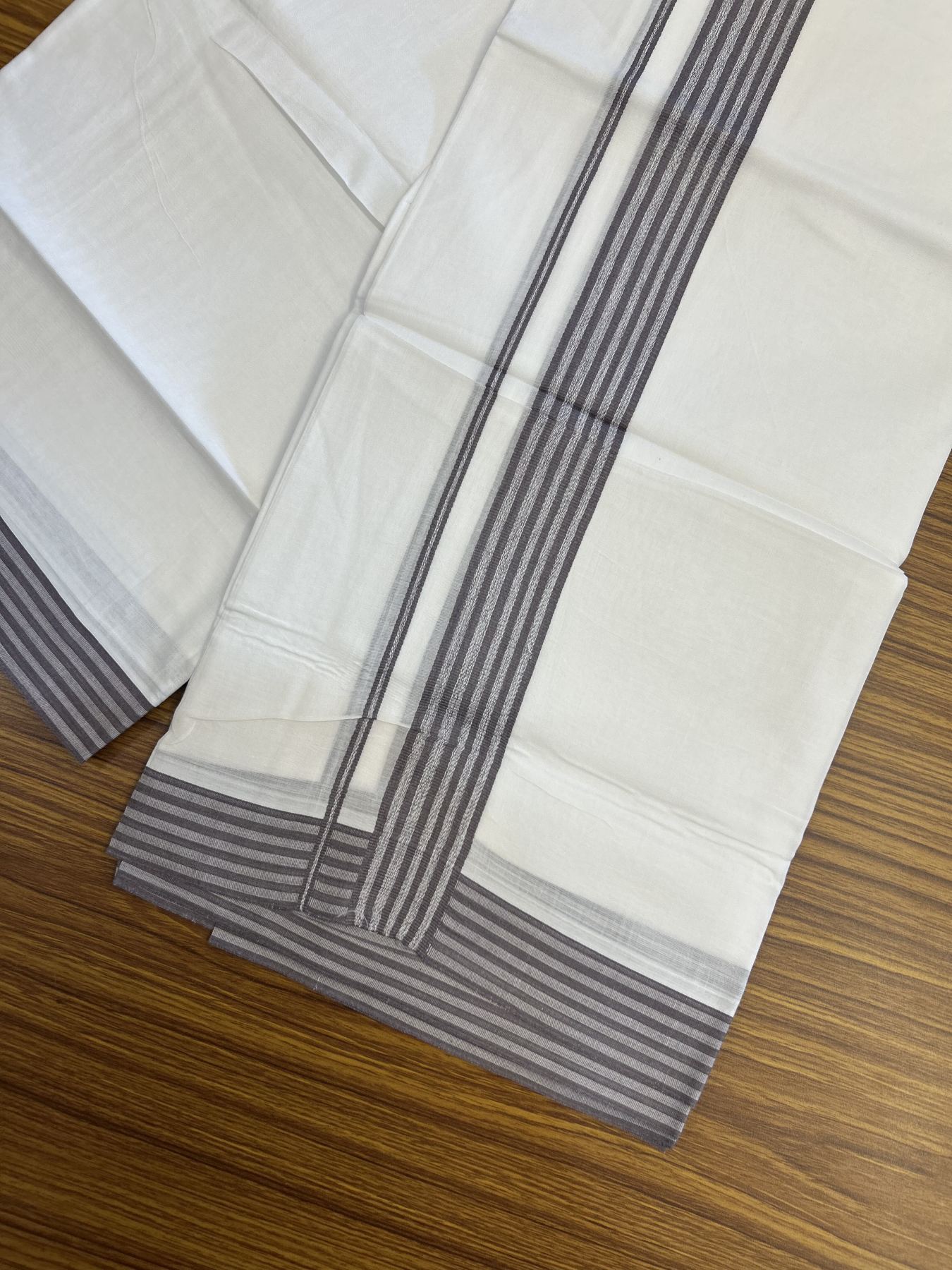 20% Discount! KaithariKada Balaramapuram 100% Cotton Double Pure white Mundu/Dhoti - 100X80 - 1.5 inch Stone brown shaded Striped kara - 4 mtr ( 8.5 muzham) - 40 KK5341 VIN