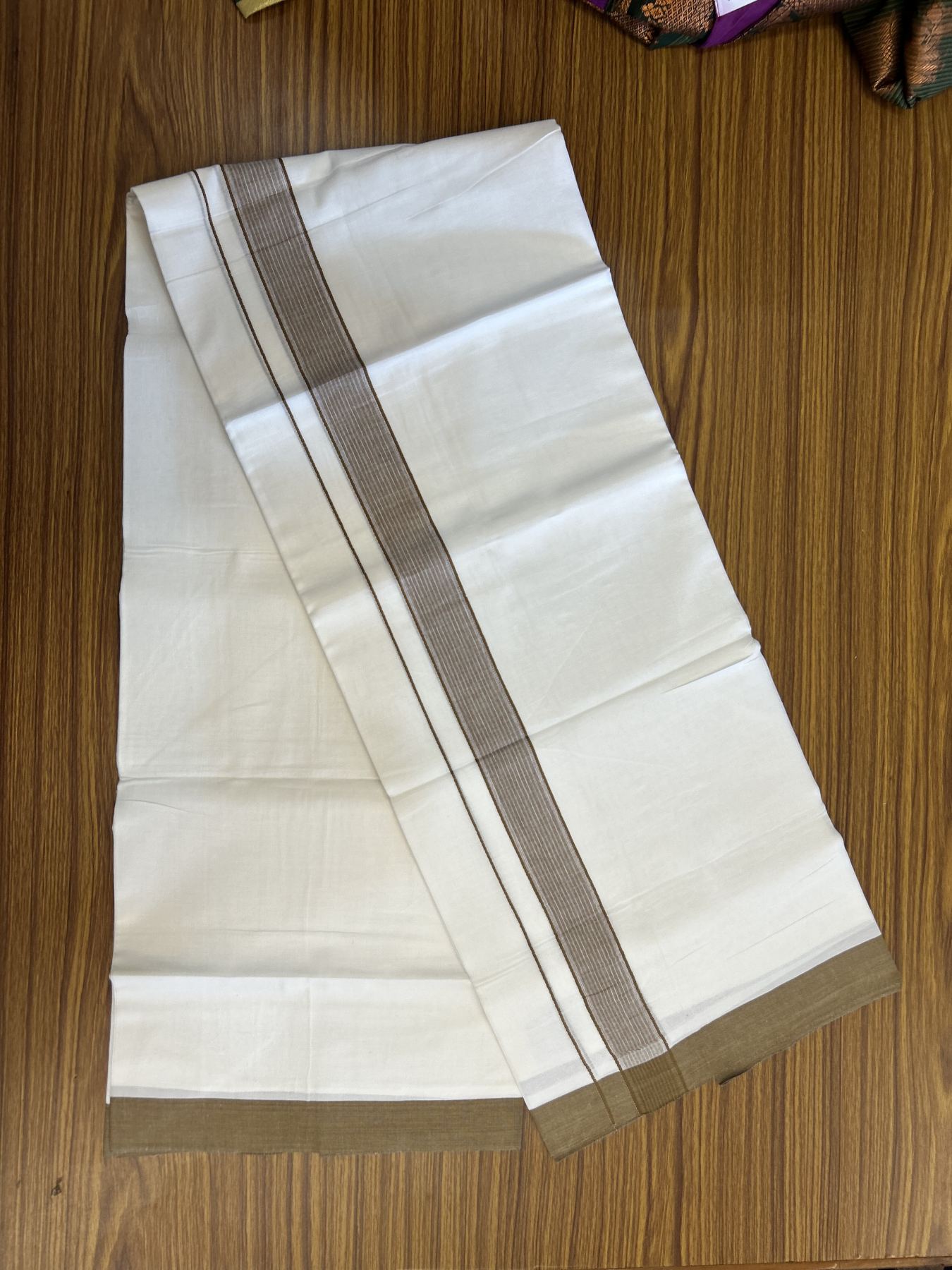 20% Discount! KaithariKada Balaramapuram 100% Cotton Double Pure white Mundu/Dhoti- 100X80 - 1.25 inch Brown Striped Kara - 4 mtr ( 8.5 muzham) - 32 KK5341 VIN