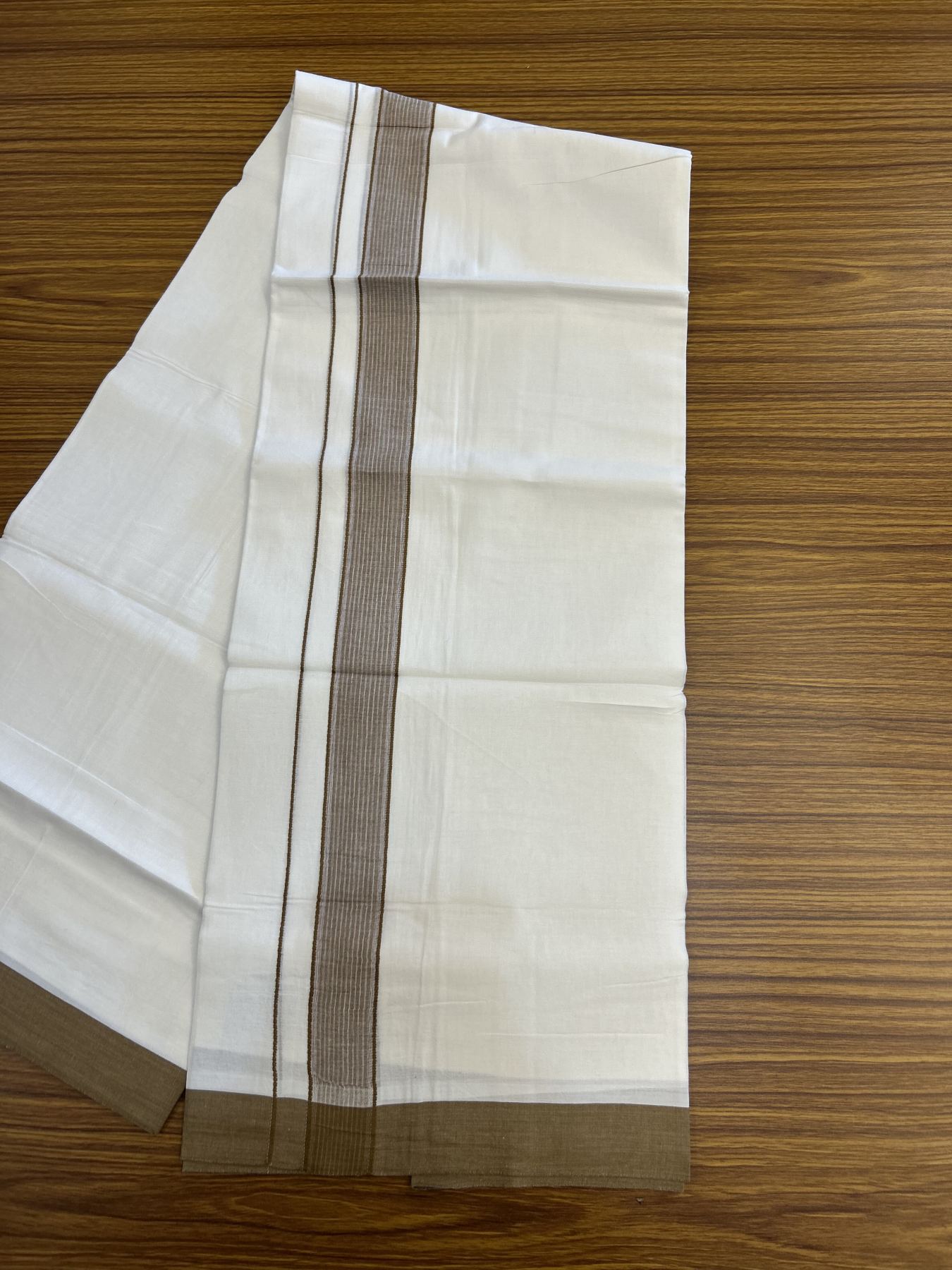 20% Discount! KaithariKada Balaramapuram 100% Cotton Double Pure white Mundu/Dhoti- 100X80 - 1.25 inch Brown Striped Kara - 4 mtr ( 8.5 muzham) - 32 KK5341 VIN