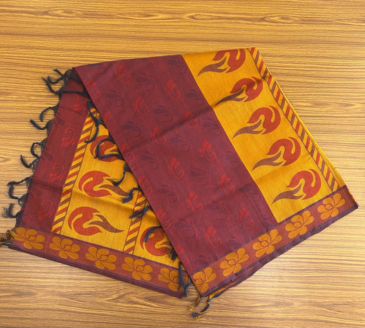 Kerala Colour Cotton Saree - Maroon Orange & Red Design Kara - Kaitharikada - 2KK1009RJT