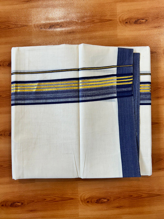 Double Off White (Unbleached) Mundu/Dothi- 20% Discount! Kaitharikada 100% Pure Cotton - 100x80 - 1.5 inch Gold Kasav & Navy Blue Shaded Design Striped Kara 4 mtr (8.5 muzham) - 96 KK5452 THI