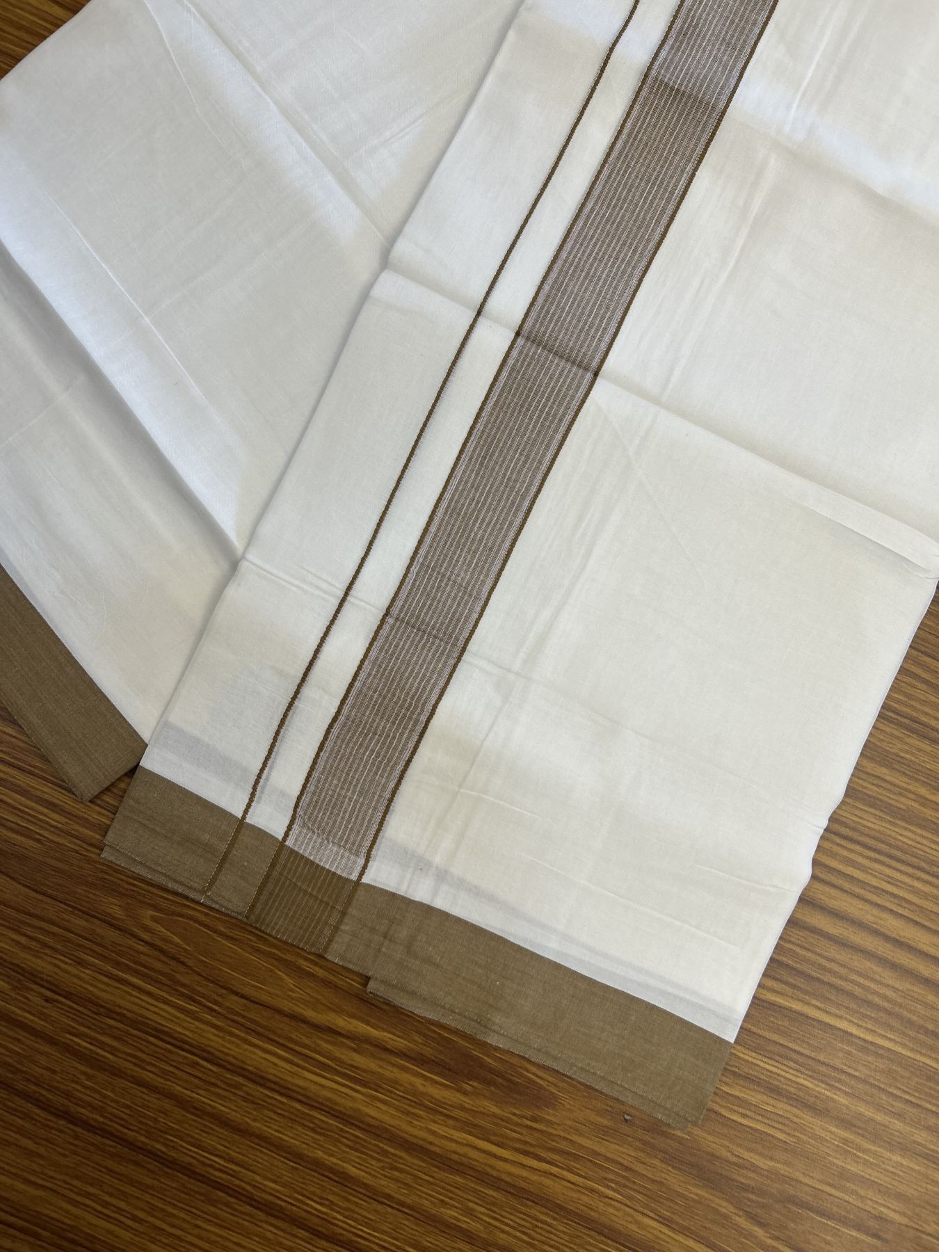 20% Discount! KaithariKada Balaramapuram 100% Cotton Double Pure white Mundu/Dhoti- 100X80 - 1.25 inch Brown Striped Kara - 4 mtr ( 8.5 muzham) - 32 KK5341 VIN