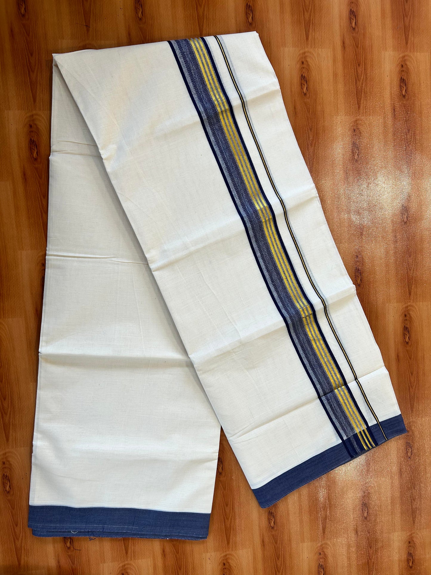 Double Off White (Unbleached) Mundu/Dothi- 20% Discount! Kaitharikada 100% Pure Cotton - 100x80 - 1.5 inch Gold Kasav & Navy Blue Shaded Design Striped Kara 4 mtr (8.5 muzham) - 96 KK5452 THI