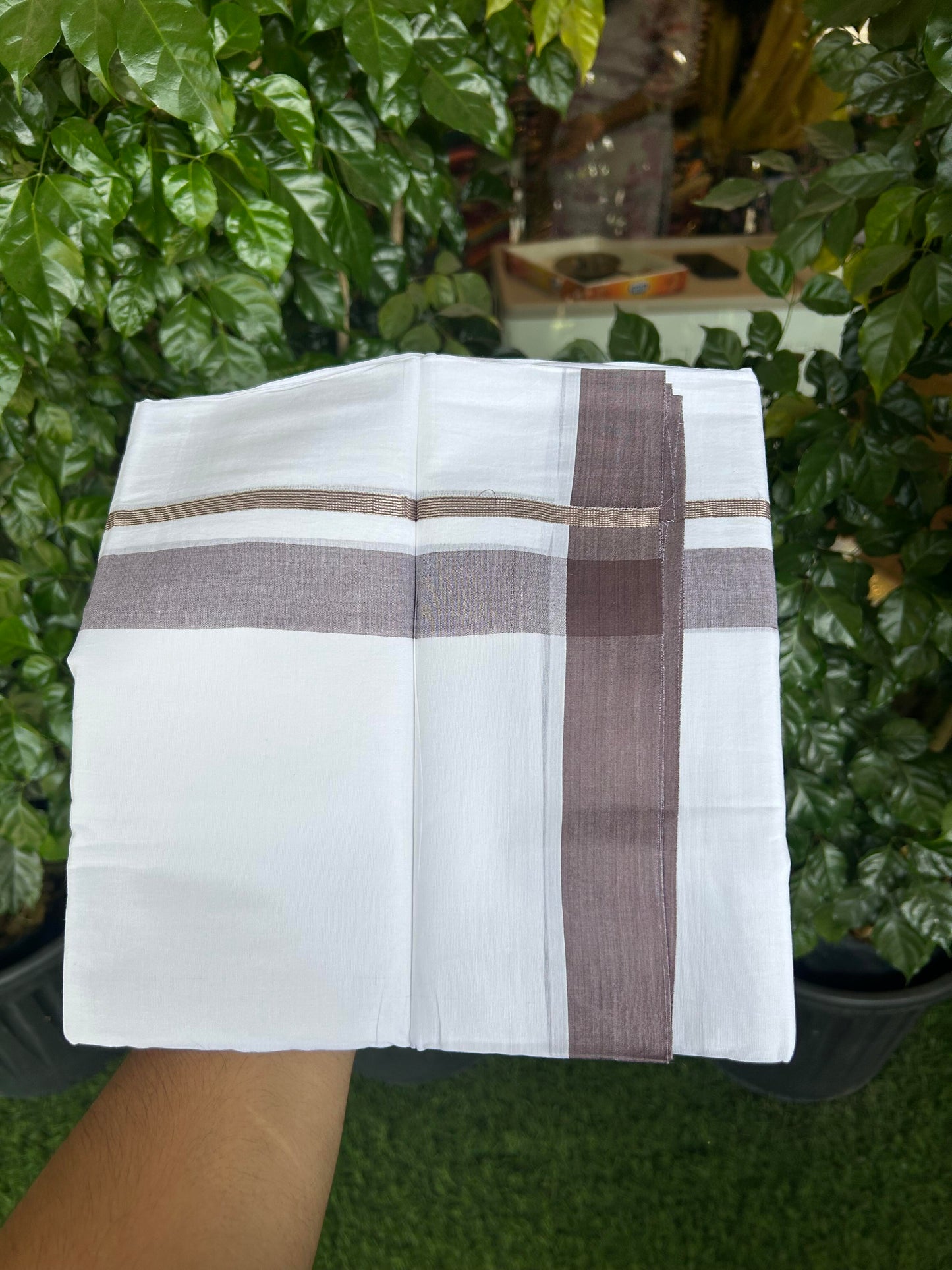 20% Discount ! KaithariKada Balaramapuram 100% Cotton Pure white Double Mundu/Dhoti - 100x80 - 1.5 inch Silver Kasav & Purple Ash Shaded Kara 4 M (8.5 muzham) - 68 KK5363 VIN