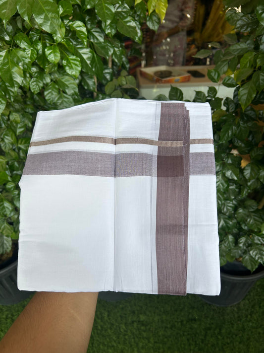 20% Discount ! KaithariKada Balaramapuram 100% Cotton Pure white Double Mundu/Dhoti - 100x80 - 1.5 inch Silver Kasav & Purple Ash Shaded Kara 4 M (8.5 muzham) - 68 KK5363 VIN