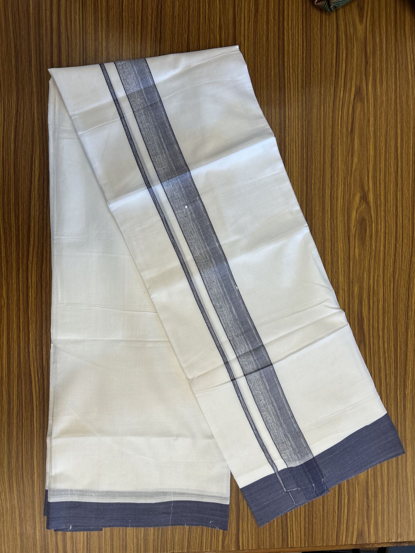 20% Discount! KaithariKada Balaramapuram 100% Cotton Double Pure white Mundu/Dhoti- 100X80 - 1.5 inch Navy Blue Shaded Kara - 4 mtr ( 8.5 muzham) - 33 KK5341 VIN