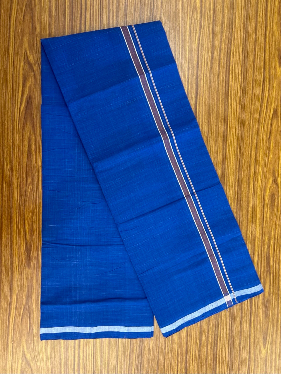10% Discount !! KaithariKada 100% Pure Cotton - Handloom Single Mund/Dhoti Blue Colour Body & Brown Shaded 0.5 inch Kara- (2 meter / 4 muzham)- 14 KK8032 ELA