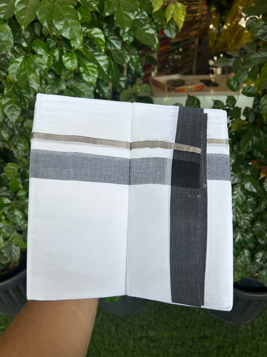 20% Discount ! KaithariKada Balaramapuram 100% Cotton Pure white Double Mundu/Dhoti - 100x80 - 1.5 inch Silver Kasav & Black Shaded Kara 4 M (8.5 muzham) - 66 KK5363 VIN