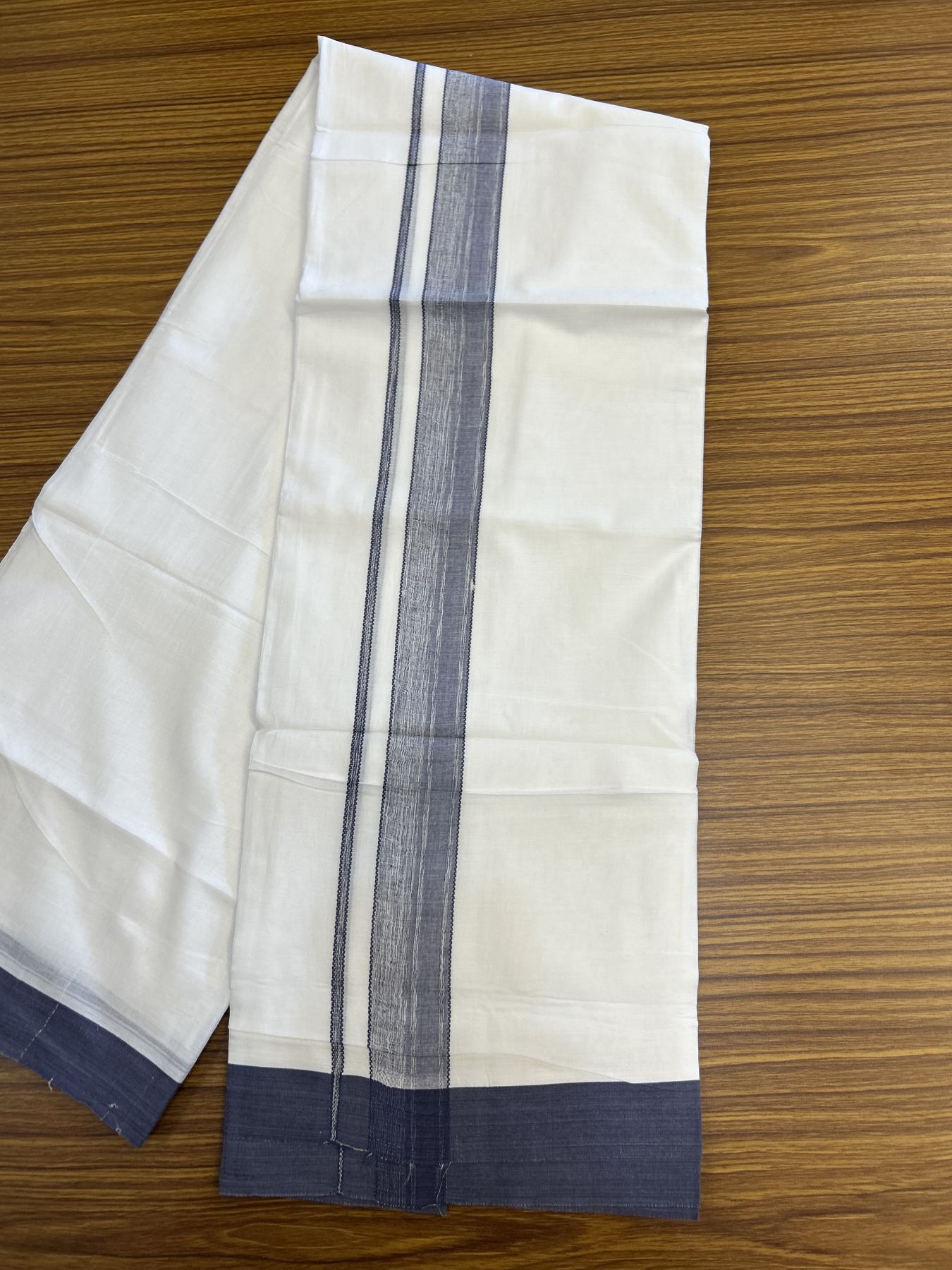 20% Discount! KaithariKada Balaramapuram 100% Cotton Double Pure white Mundu/Dhoti- 100X80 - 1.5 inch Navy Blue Shaded Kara - 4 mtr ( 8.5 muzham) - 33 KK5341 VIN