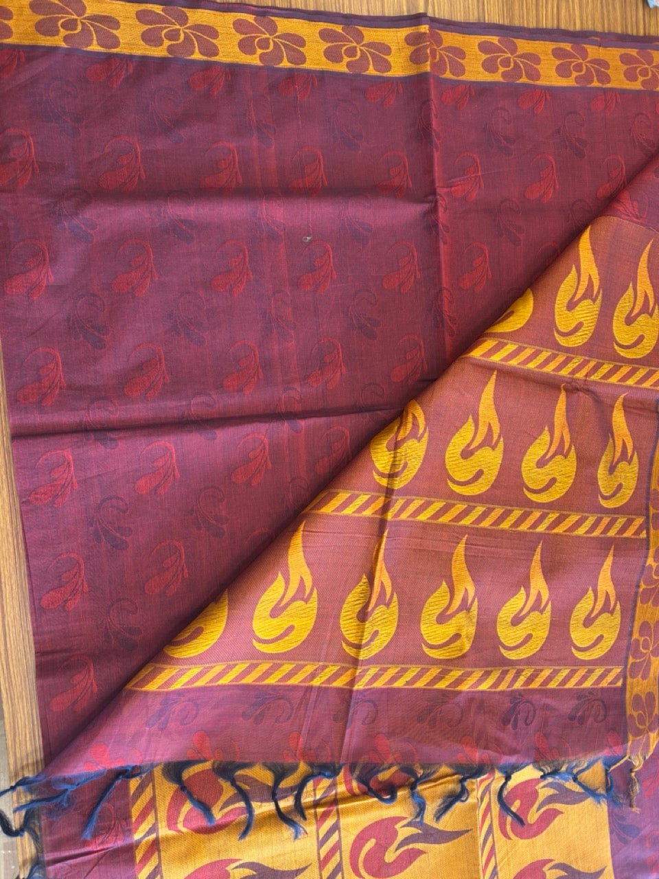 Kerala Colour Cotton Saree - Maroon Orange & Red Design Kara - Kaitharikada - 2KK1009RJT