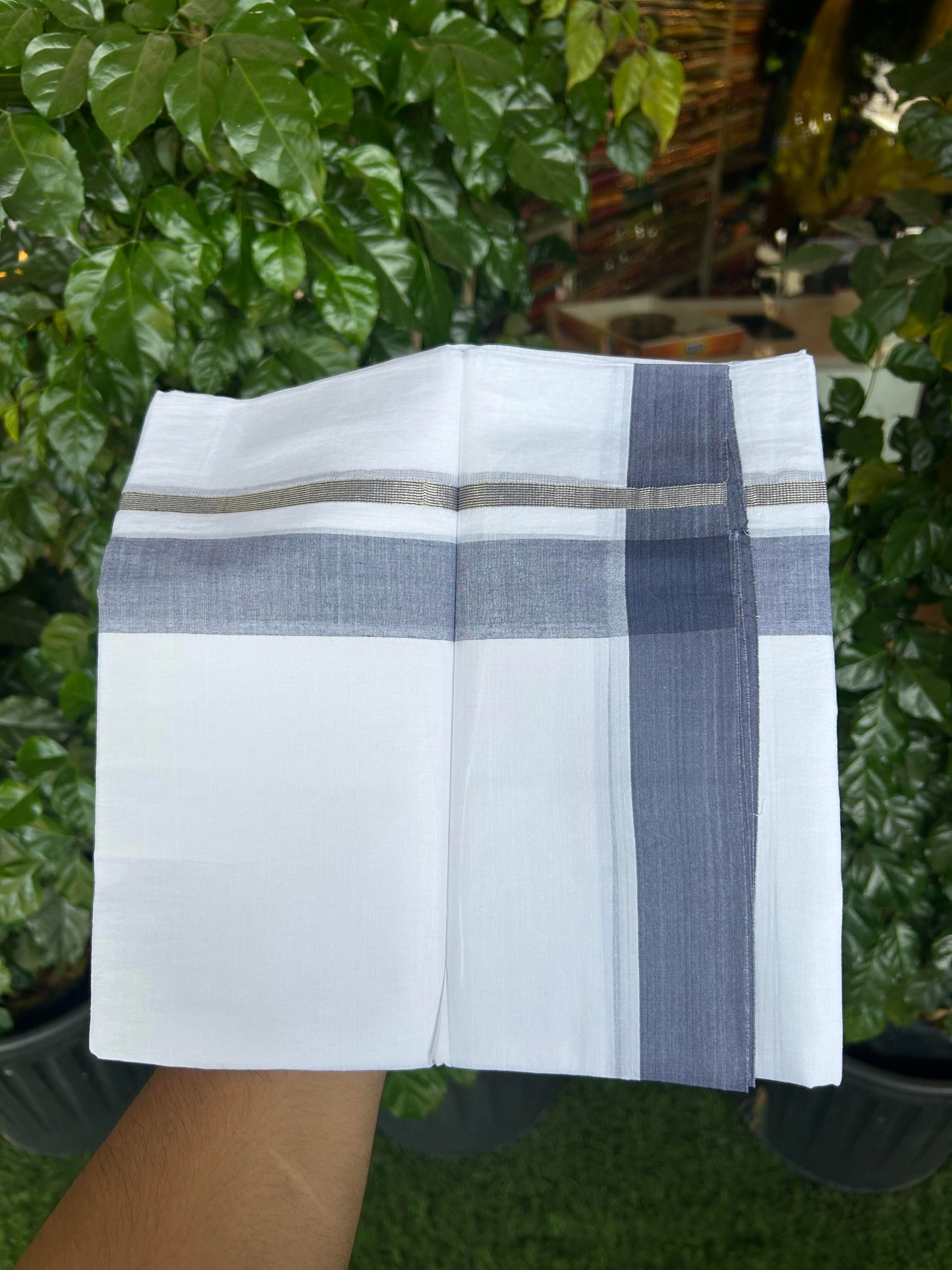 20% Discount ! KaithariKada Balaramapuram 100% Cotton Pure white Double Mundu/Dhoti - 100x80 - 1.5 inch Silver Kasav & Ash Blue Shaded Kara 4 M (8.5 muzham) - 65 KK5363 VIN