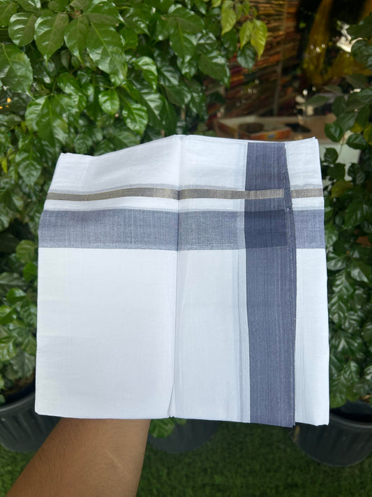 20% Discount ! KaithariKada Balaramapuram 100% Cotton Pure white Double Mundu/Dhoti - 100x80 - 1.5 inch Silver Kasav & Ash Blue Shaded Kara 4 M (8.5 muzham) - 65 KK5363 VIN