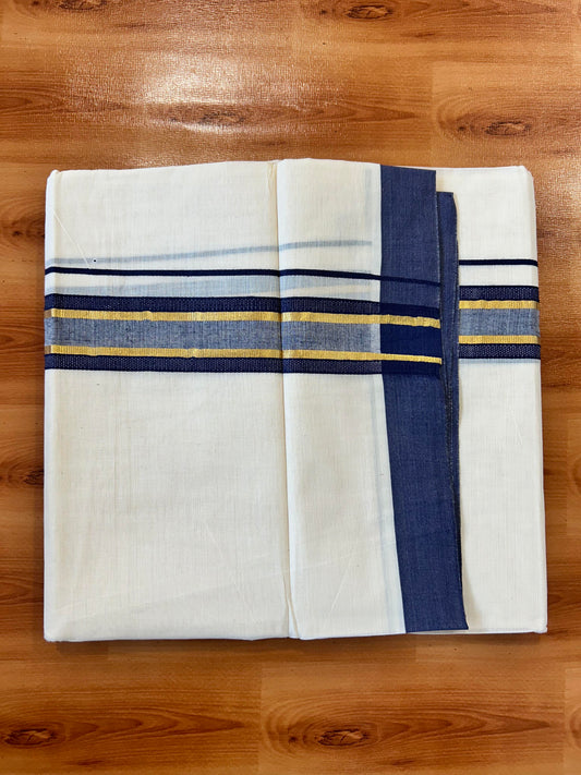 Double Off White (Unbleached) Mundu/Dothi- 20% Discount! Kaitharikada 100% Pure Cotton - 100x80 - 1.5 inch Gold Kasav & Navy Blue Shaded Design Kara 4 mtr (8.5 muzham) - 95 KK5452 THI