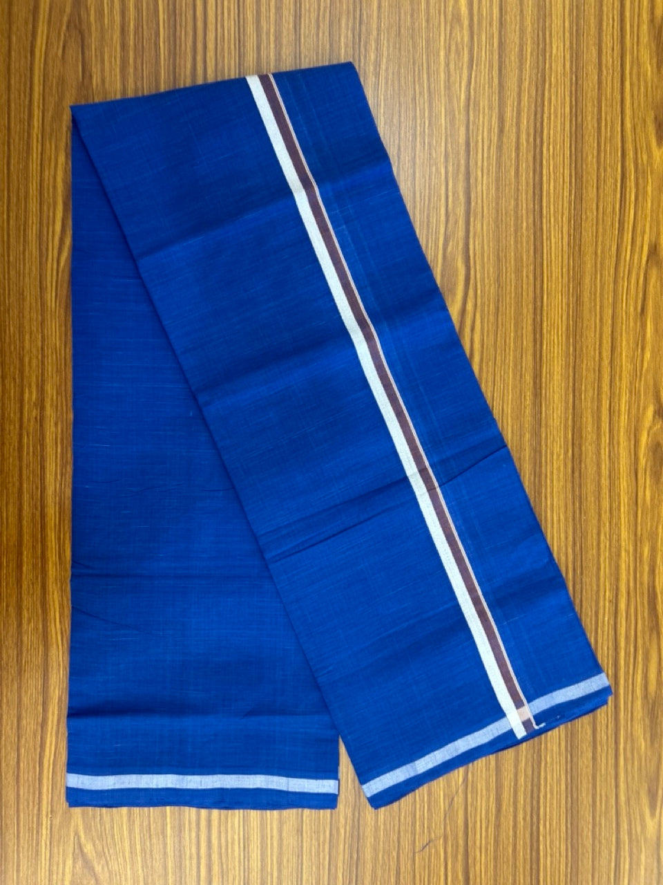 10% Discount !! KaithariKada 100% Pure Cotton - Handloom Single Mund/Dhoti Blue Colour Body & Light Brown White Shaded 0.5 inch Kara- (2 meter / 4 muzham)- 15 KK8032 ELA