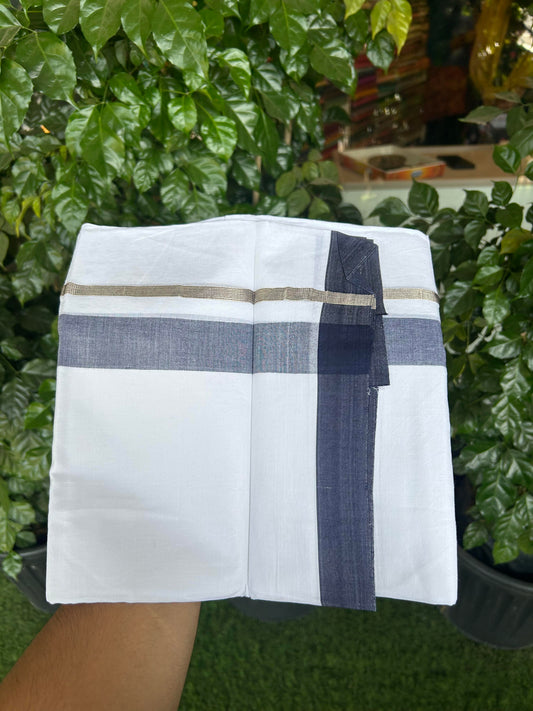 20% Discount ! KaithariKada Balaramapuram 100% Cotton Pure white Double Mundu/Dhoti - 100x80 - 1.5 inch Silver Kasav & Dark Blue Shaded Kara 4 M (8.5 muzham) - 67 KK5363 VIN