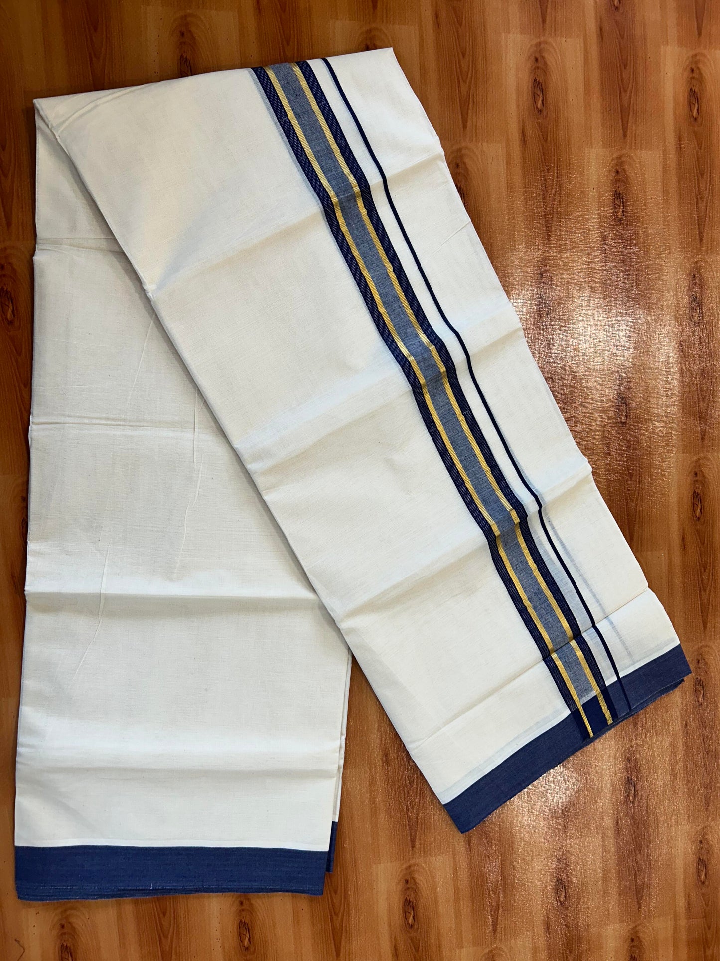 Double Off White (Unbleached) Mundu/Dothi- 20% Discount! Kaitharikada 100% Pure Cotton - 100x80 - 1.5 inch Gold Kasav & Navy Blue Shaded Design Kara 4 mtr (8.5 muzham) - 95 KK5452 THI