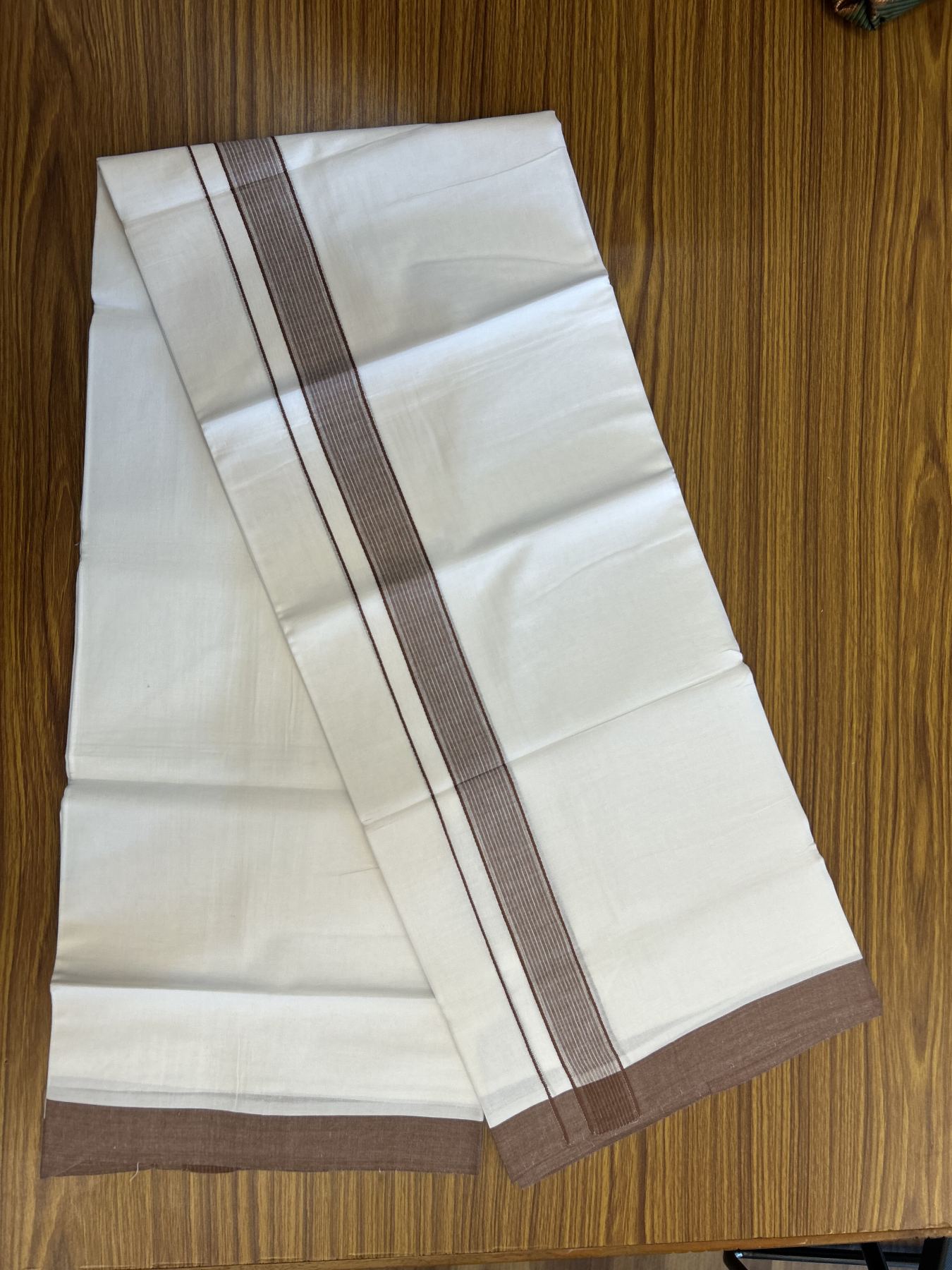20% Discount! KaithariKada Balaramapuram 100% Cotton Double Pure white Mundu/Dhoti- 100X80 - 1.25 inch Dark Brown Striped Kara - 4 mtr ( 8.5 muzham) - 34 KK5341 VIN