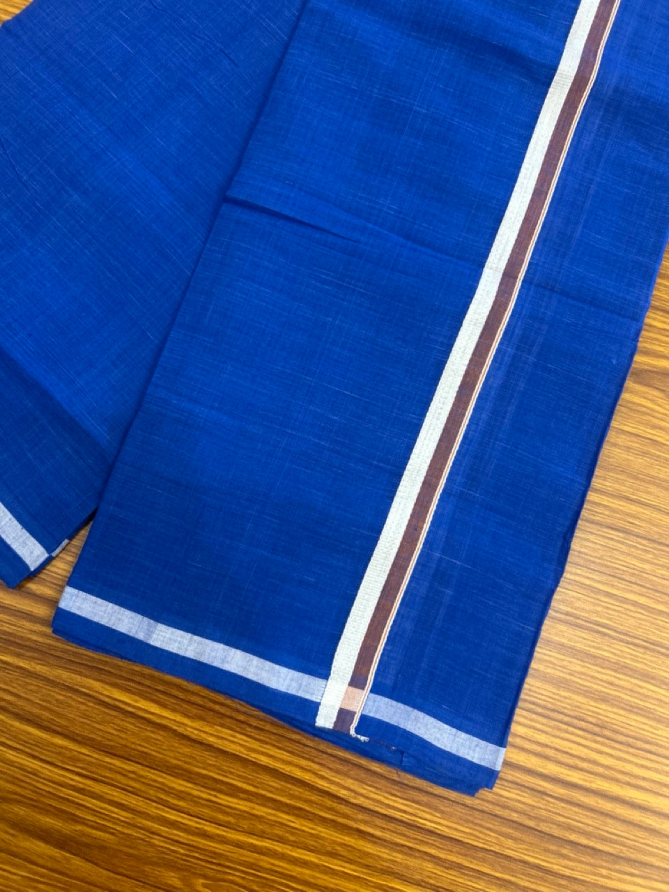10% Discount !! KaithariKada 100% Pure Cotton - Handloom Single Mund/Dhoti Blue Colour Body & Light Brown White Shaded 0.5 inch Kara- (2 meter / 4 muzham)- 15 KK8032 ELA