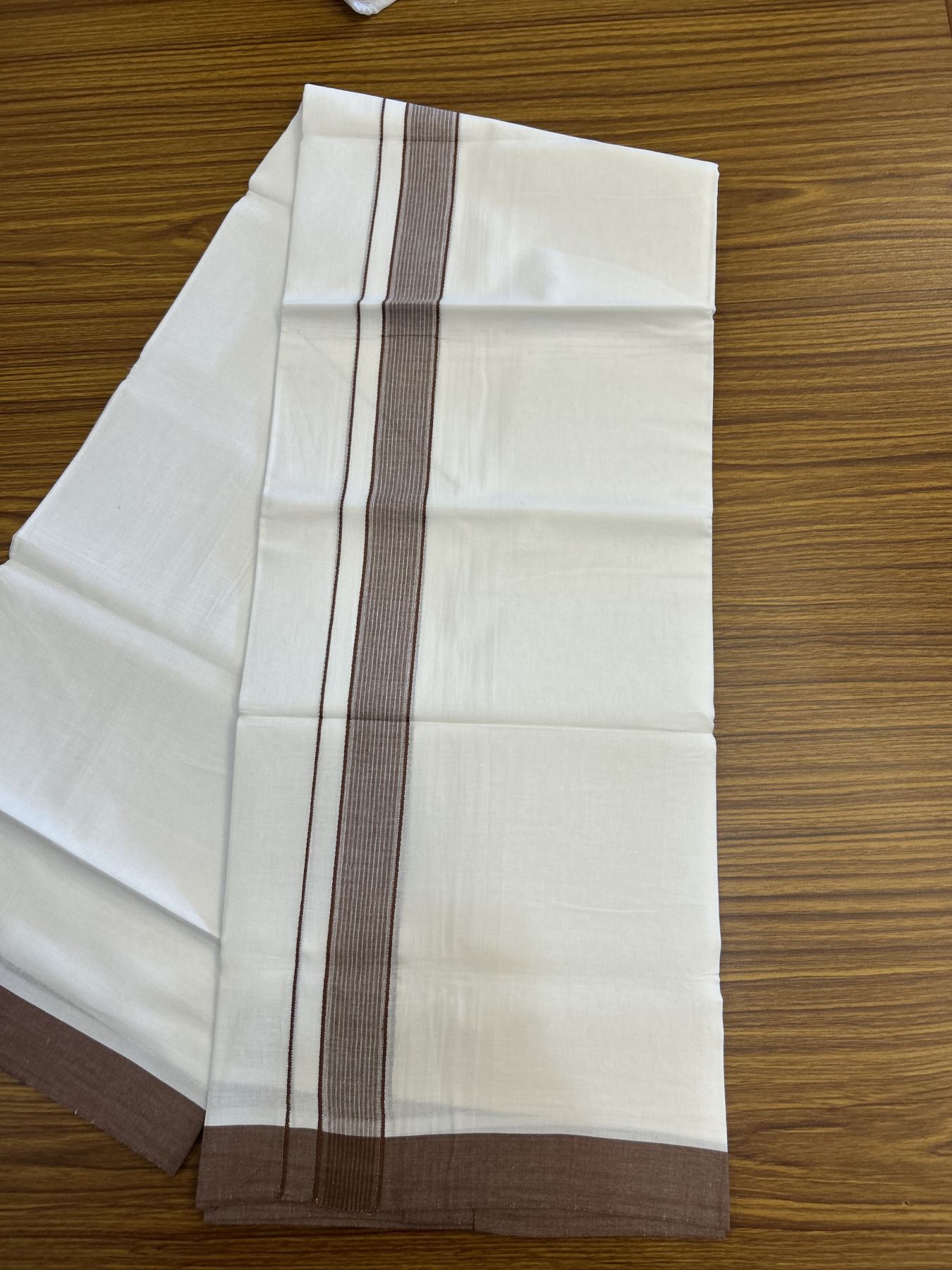 20% Discount! KaithariKada Balaramapuram 100% Cotton Double Pure white Mundu/Dhoti- 100X80 - 1.25 inch Dark Brown Striped Kara - 4 mtr ( 8.5 muzham) - 34 KK5341 VIN