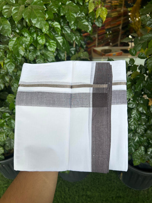 20% Discount ! KaithariKada Balaramapuram 100% Cotton Pure white Double Mundu/Dhoti - 100x80 - 1.5 inch Silver Kasav & Brown Shaded Kara 4 M (8.5 muzham) - 64 KK5363 VIN