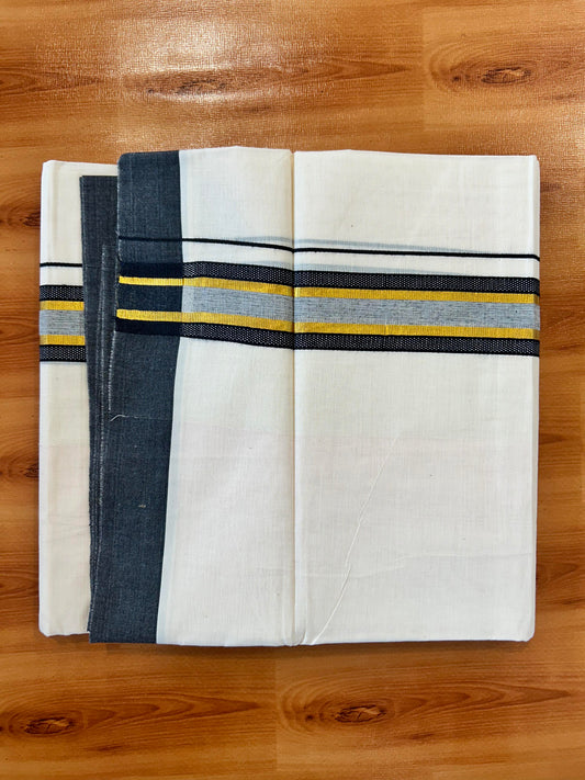Double Off White (Unbleached) Mundu/Dothi- 20% Discount! Kaitharikada 100% Pure Cotton - 100x80 - 1.5 inch Gold Kasav & Black Shaded Design Kara 4 mtr (8.5 muzham) - 94 KK5452 THI