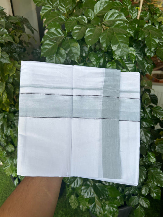 20% Discount ! KaithariKada Balaramapuram 100% Cotton Pure white Double Mundu/Dhoti - 100x80 - 1.75 inch Light Grey & Black Shaded Kara 4 M (8.5 muzham) - 57 KK5363 VIN