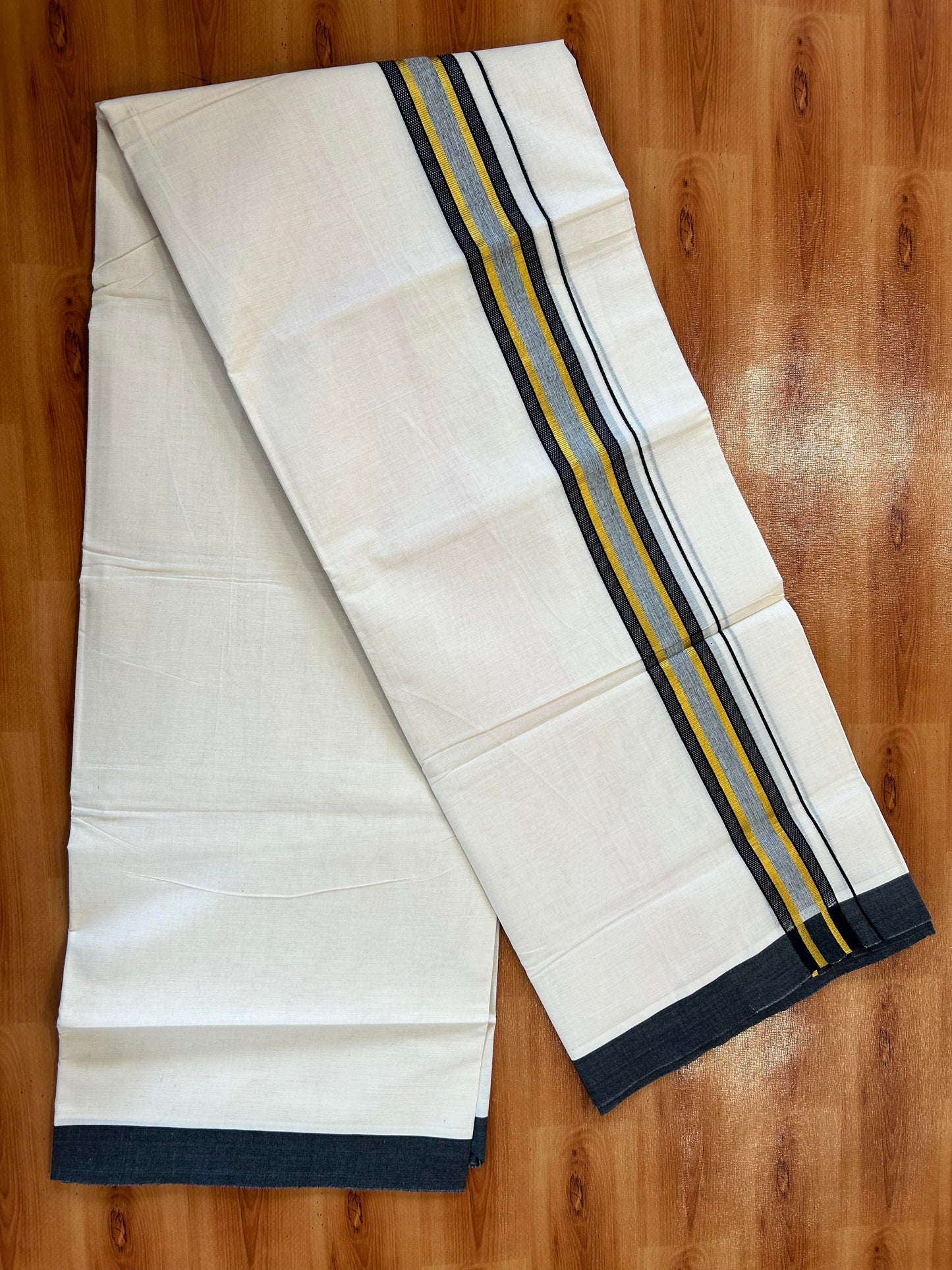 Double Off White (Unbleached) Mundu/Dothi- 20% Discount! Kaitharikada 100% Pure Cotton - 100x80 - 1.5 inch Gold Kasav & Black Shaded Design Kara 4 mtr (8.5 muzham) - 94 KK5452 THI