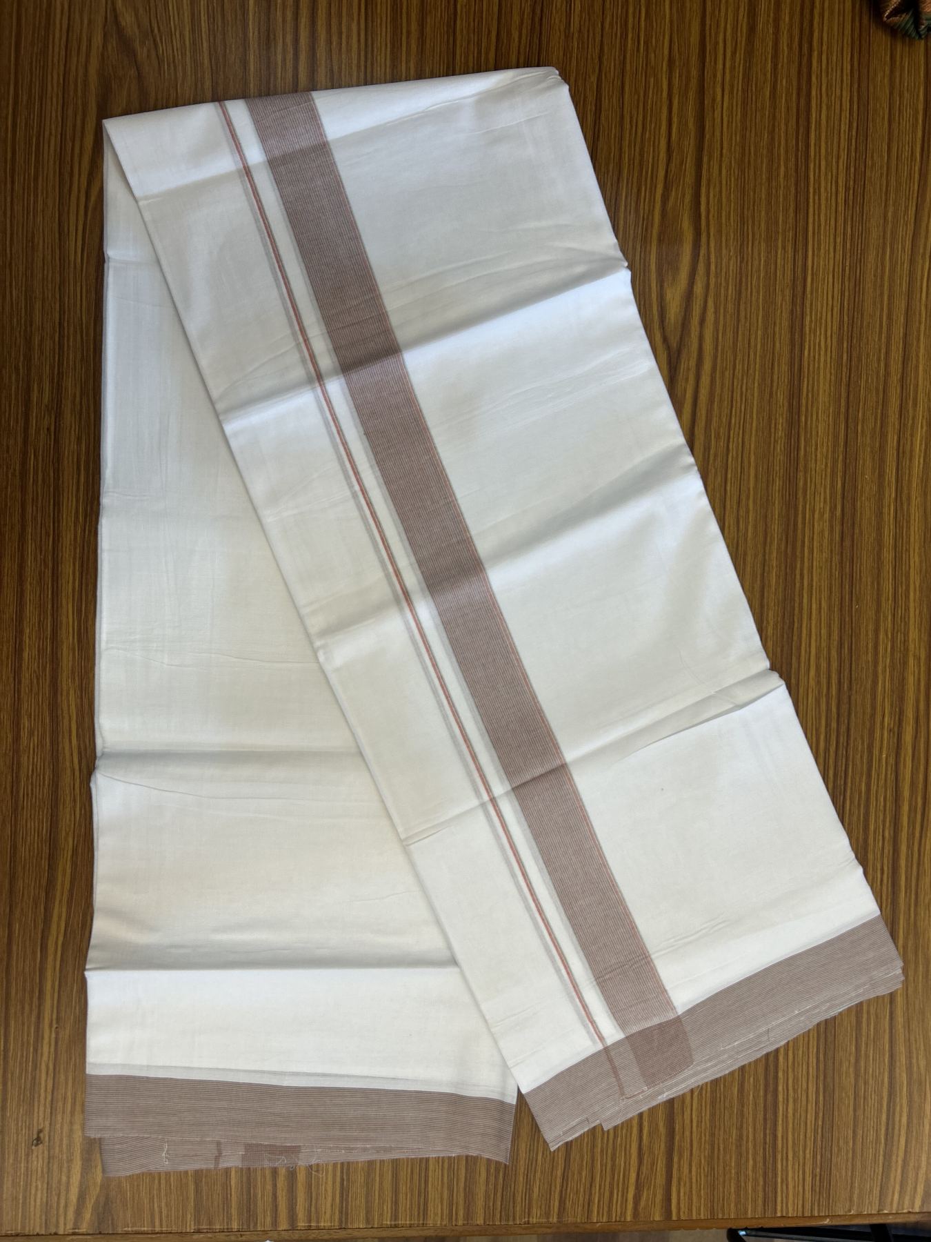 20% Discount! KaithariKada Balaramapuram 100% Cotton Double Pure white Mundu/Dhoti - 100X80 - 1.5 inch Brick red & Mint green shaded striped kara - 4 mtr ( 8.5 muzham) - 44 KK5341 VIN