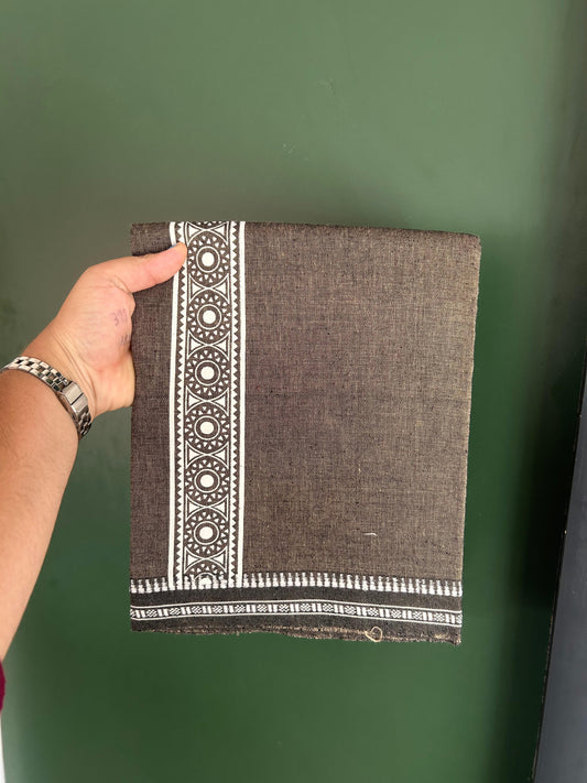 Kaitharikada - Single Kaily / Lungi - Mixed Cotton - 20s twisted - 2 inch White Printed kara with Sand Brown & Black colour body (2 meter / 4 muzham) - 6 KK8082 SAT