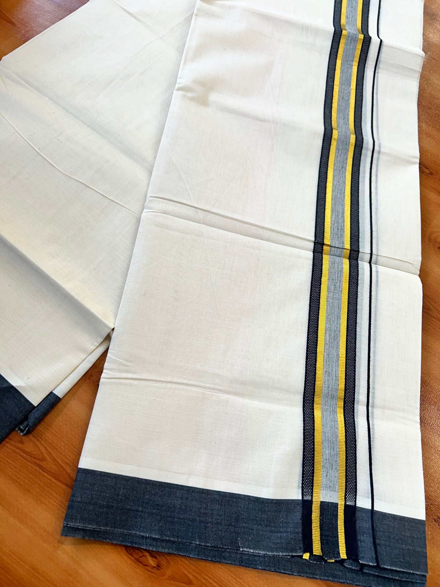 Double Off White (Unbleached) Mundu/Dothi- 20% Discount! Kaitharikada 100% Pure Cotton - 100x80 - 1.5 inch Gold Kasav & Black Shaded Design Kara 4 mtr (8.5 muzham) - 94 KK5452 THI