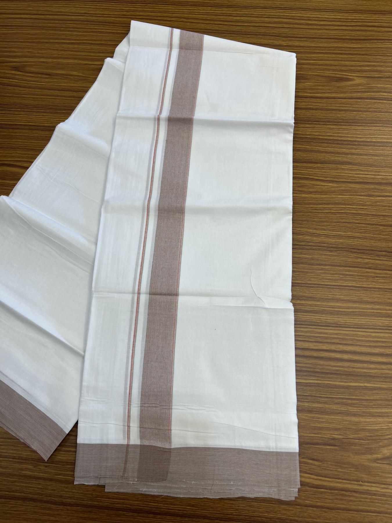 20% Discount! KaithariKada Balaramapuram 100% Cotton Double Pure white Mundu/Dhoti - 100X80 - 1.5 inch Brick red & Mint green shaded striped kara - 4 mtr ( 8.5 muzham) - 44 KK5341 VIN