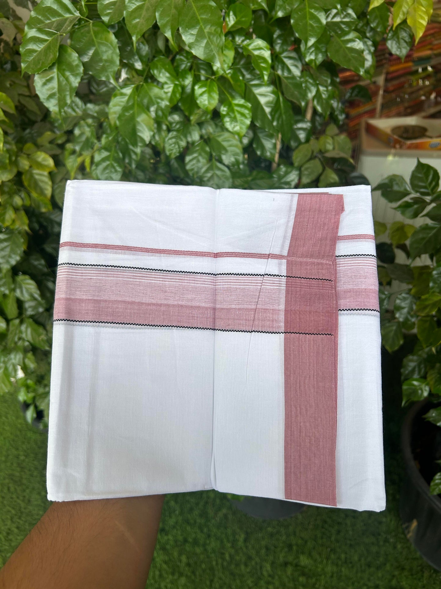20% Discount ! KaithariKada Balaramapuram 100% Cotton Pure white Double Mundu/Dhoti - 100x80 - 1.75 inch Dusty Rose & Black Shaded Kara 4 M (8.5 muzham) - 59 KK5363 VIN