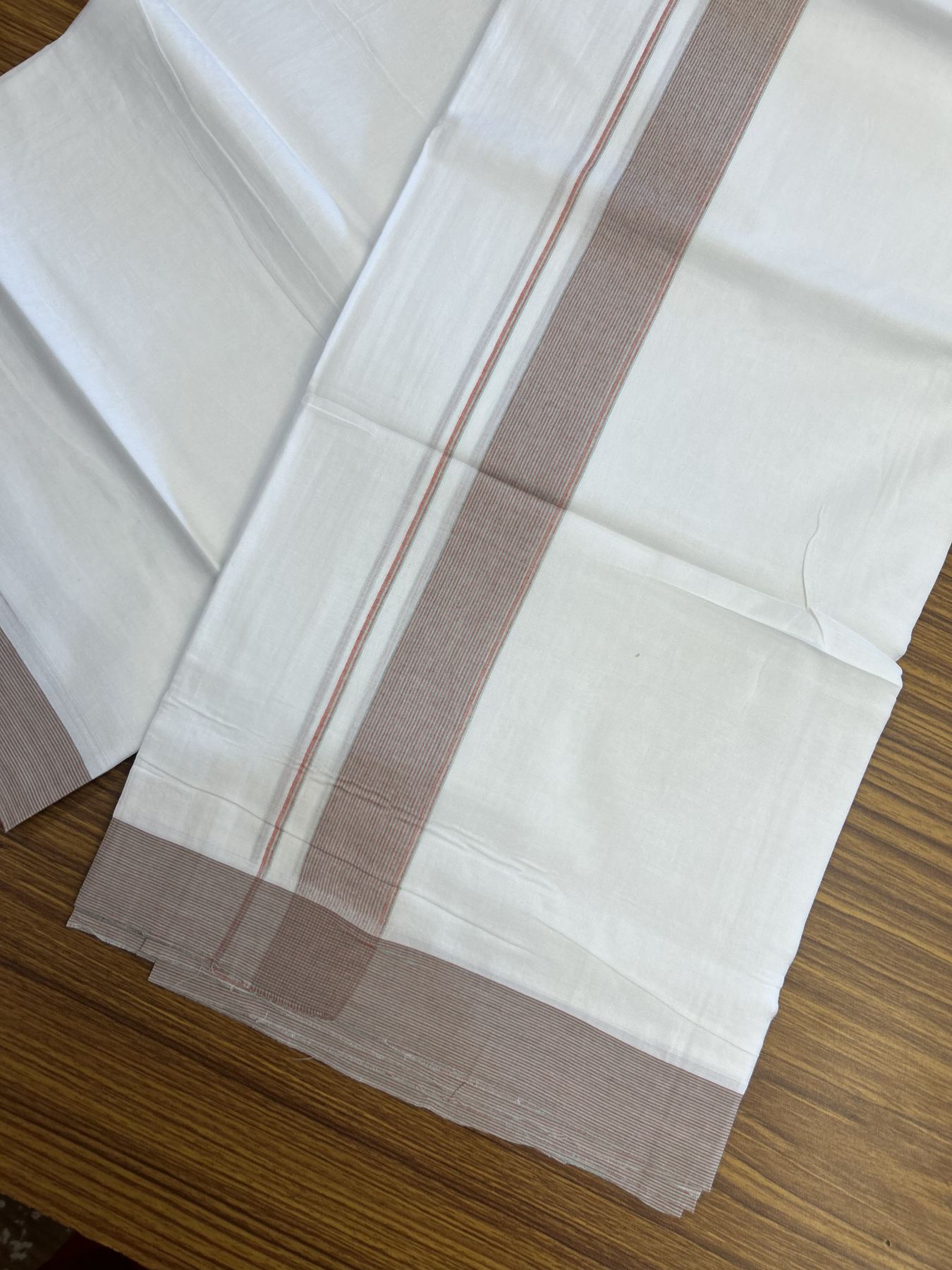 20% Discount! KaithariKada Balaramapuram 100% Cotton Double Pure white Mundu/Dhoti - 100X80 - 1.5 inch Brick red & Mint green shaded striped kara - 4 mtr ( 8.5 muzham) - 44 KK5341 VIN