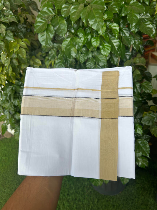 20% Discount ! KaithariKada Balaramapuram 100% Cotton Pure white Double Mundu/Dhoti - 100x80 - 1.75 inch Old Yellow & Black Shaded Kara 4 M (8.5 muzham) - 58 KK5363 VIN