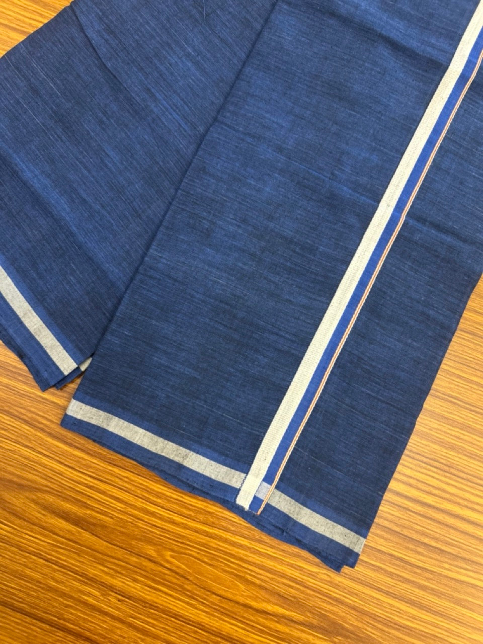 10% Discount !! KaithariKada 100% Pure Cotton - HANDLOOM Single Mundu/Dhoti Dark Blue Colour Body & Light Brown White 0.75 inch Kara- (2 meter / 4 muzham)- 18 KK8032 ELA