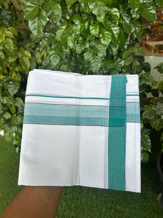 20% Discount ! KaithariKada Balaramapuram 100% Cotton Pure white Double Mundu/Dhoti - 100x80 - 1.75 inch Blue Green & Black Shaded Kara 4 M (8.5 muzham) - 62 KK5363 VIN