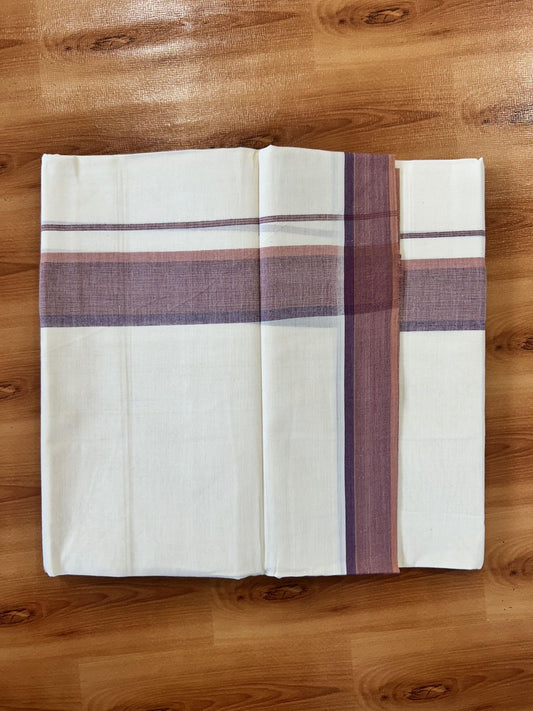 Double Off White (Unbleached) Mundu/Dhoti - 20% Discount! KaithariKada Pure Cotton - 100X80 - 1.5 inch Purple & Dark Peach Shaded Striped Kara 4 mtr (8.5 Muzham) - 77 KK5452 THI