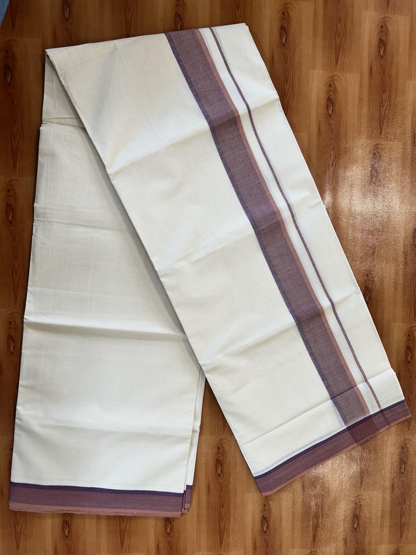Double Off White (Unbleached) Mundu/Dhoti - 20% Discount! KaithariKada Pure Cotton - 100X80 - 1.5 inch Purple & Dark Peach Shaded Striped Kara 4 mtr (8.5 Muzham) - 77 KK5452 THI