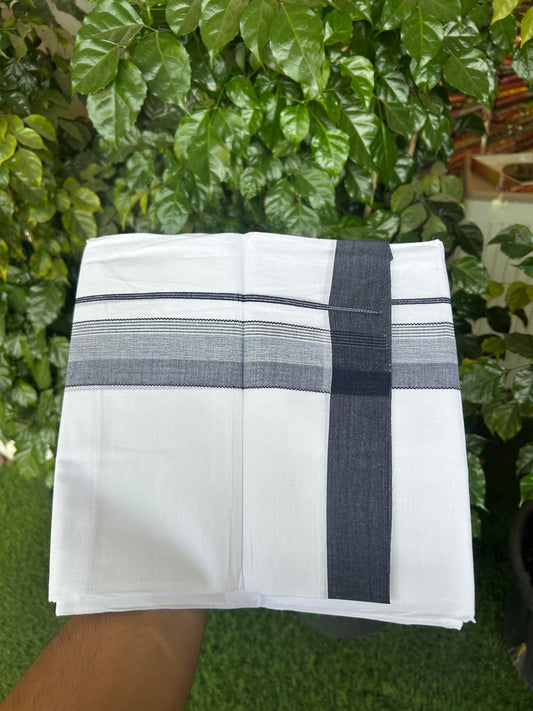 20% Discount ! KaithariKada Balaramapuram 100% Cotton Pure white Double Mundu/Dhoti - 100x80 - 1.75 inch Navy Blue & Black Shaded Kara 4 M (8.5 muzham) - 60 KK5363 VIN